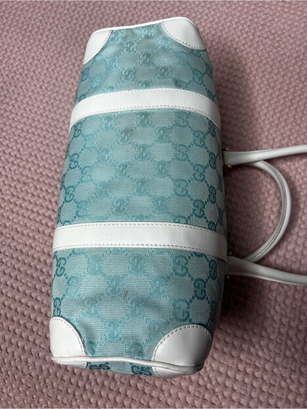 Gucci Vintage Light Blue/Teal GG Canvas Boston Satchel Bag - Picture 6 of 13